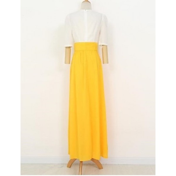 Women's Fashion Round Neck Print Color Block Swing Maxi Dress